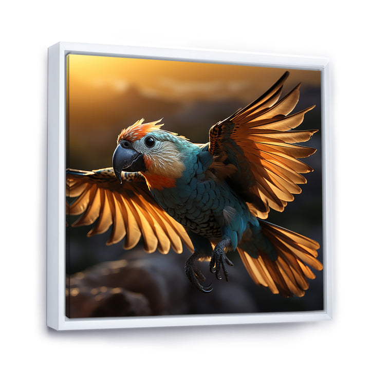 Blue Parrots Sunset Golden Flight - Parrot Wall Decor