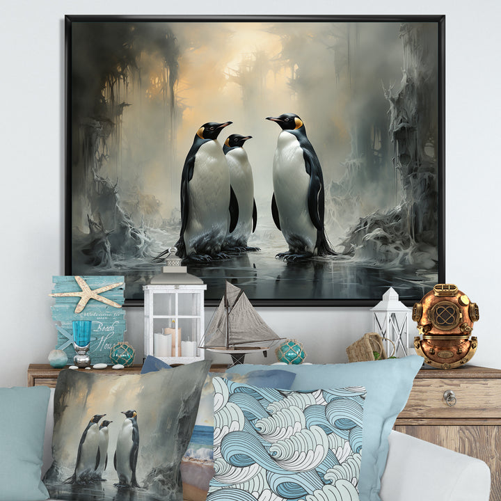 Penguin Family Elegance In Snow - Penguin Large Canvas Wall Art