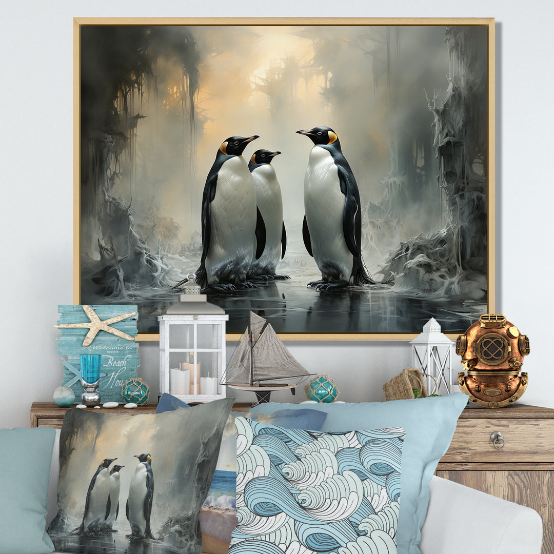 Penguin Family Elegance In Snow - Penguin Large Canvas Wall Art
