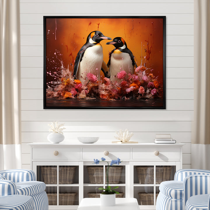 Flower Couple Penguin S World - Penguin Canvas Wall Art