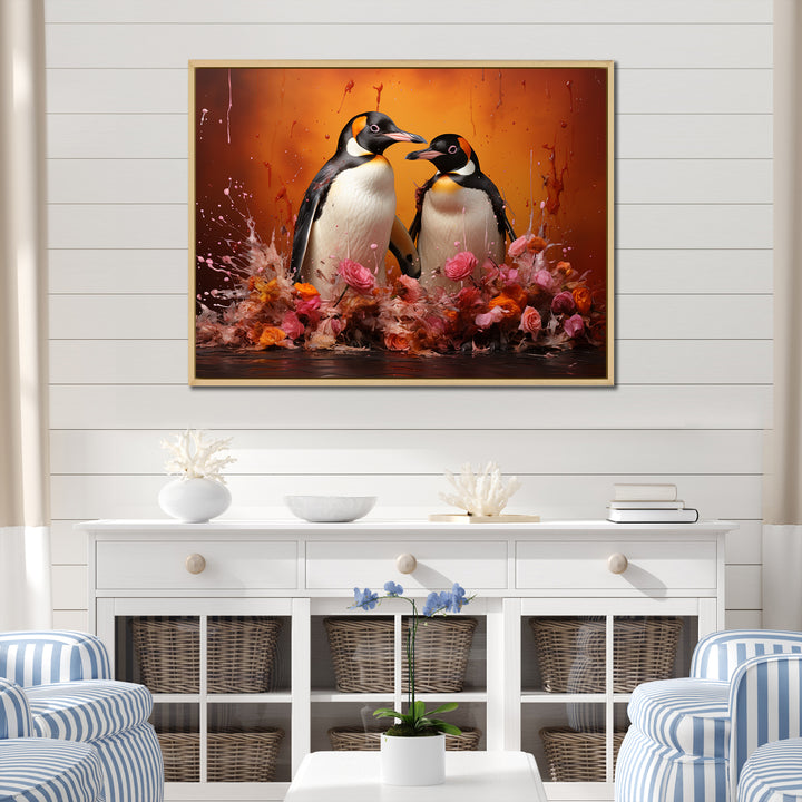 Flower Couple Penguin S World - Penguin Canvas Wall Art