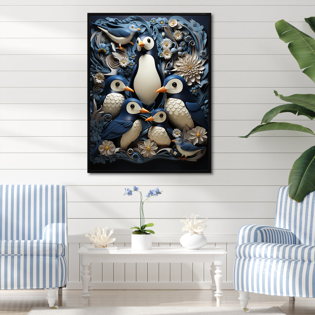 Monochrome Penguin Playfulness - Blue Penguin Wall Art