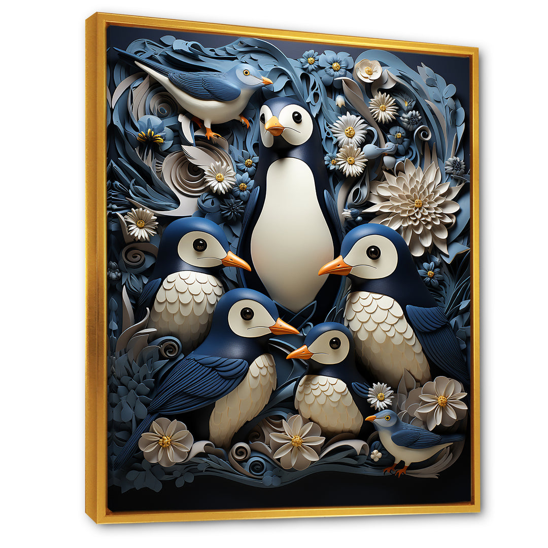 Monochrome Penguin Playfulness - Blue Penguin Wall Art