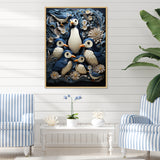Monochrome Penguin Playfulness - Blue Penguin Wall Art