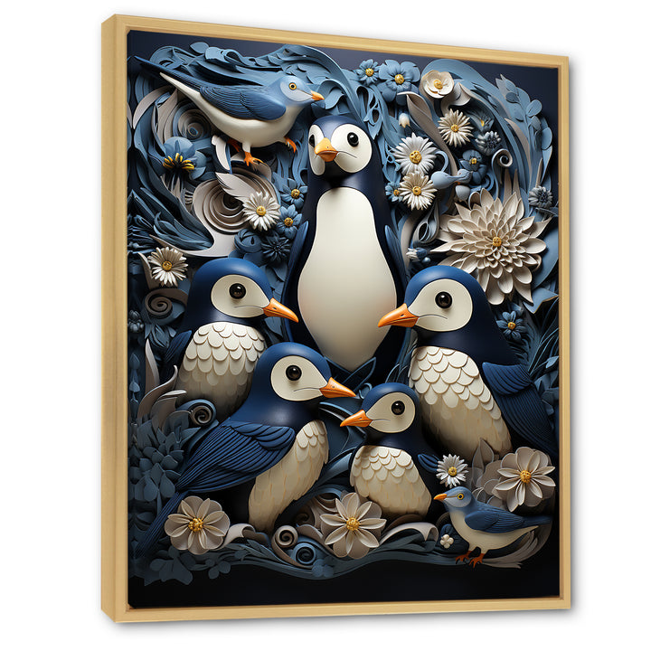 Monochrome Penguin Playfulness - Blue Penguin Wall Art