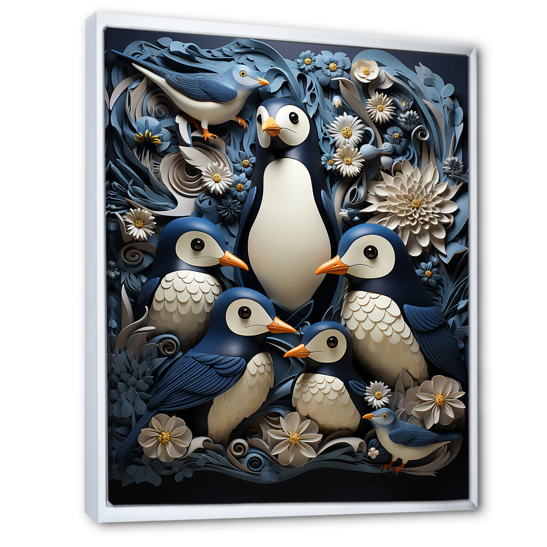Monochrome Penguin Playfulness - Blue Penguin Wall Art