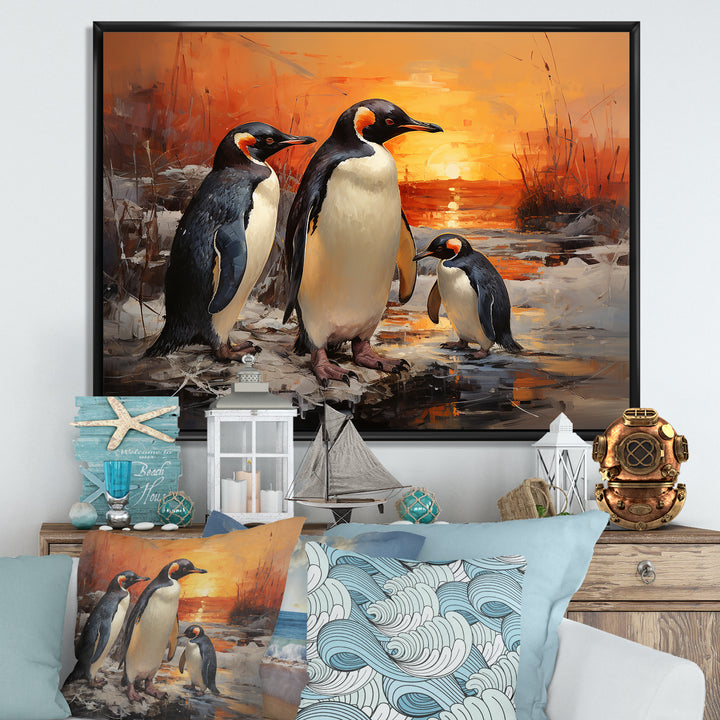 Playful Sunset Snow Wonders Penguins - Penguin Wall Art Prints