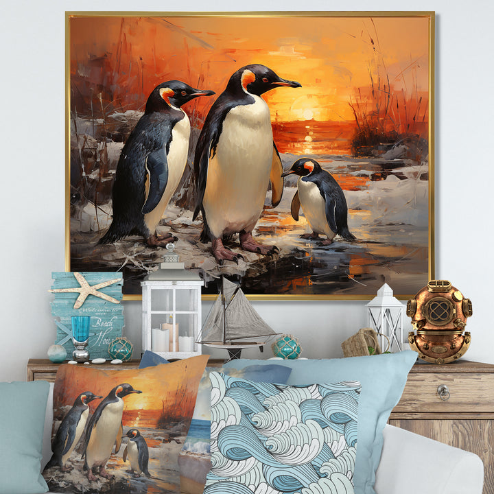 Playful Sunset Snow Wonders Penguins - Penguin Wall Art Prints