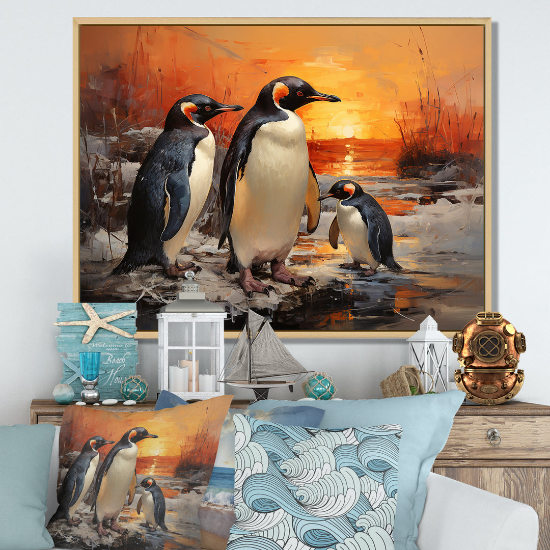 Playful Sunset Snow Wonders Penguins - Penguin Wall Art Prints