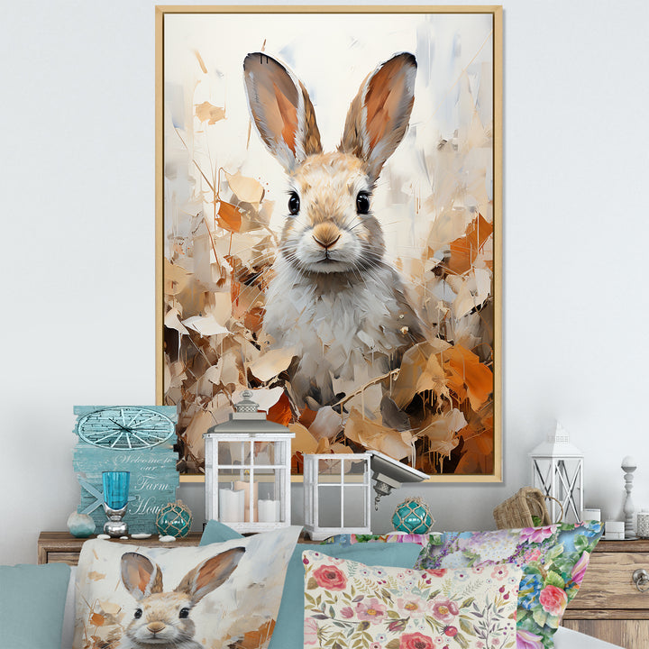 Bunny S Curious Foliage Charm - Beige Rabbit Wall Art