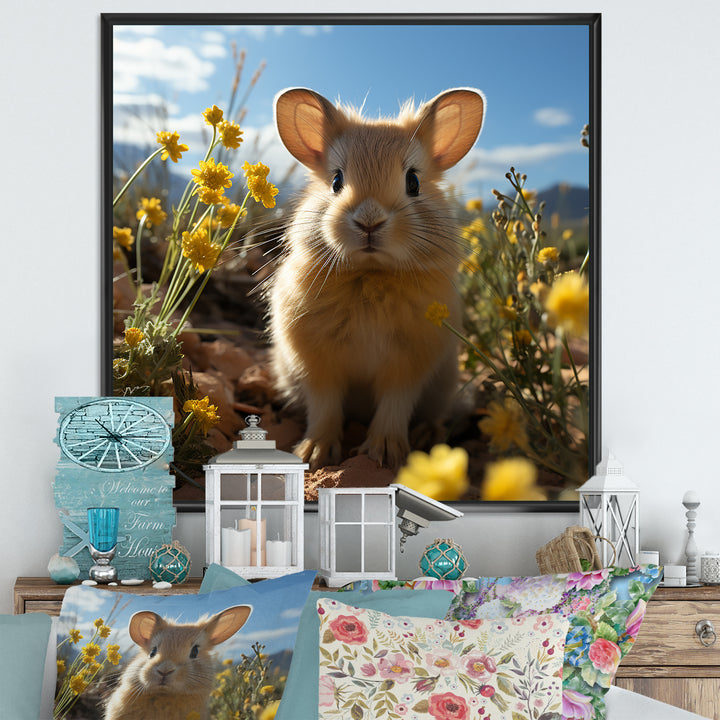 Curious Rabbit In Sunny Yellow Flower Field - Rabbit Canvas Wall Art