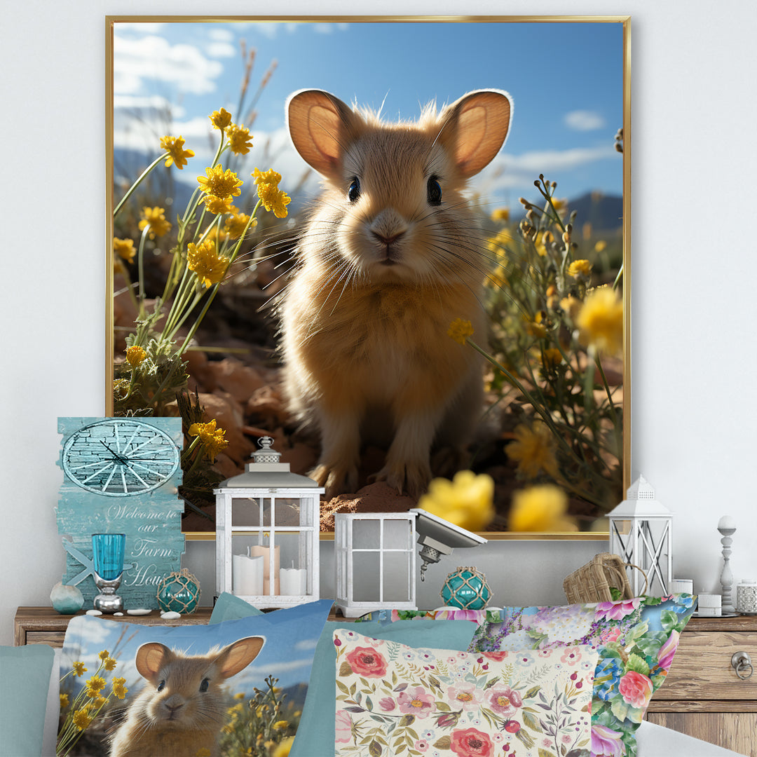 Curious Rabbit In Sunny Yellow Flower Field - Rabbit Canvas Wall Art