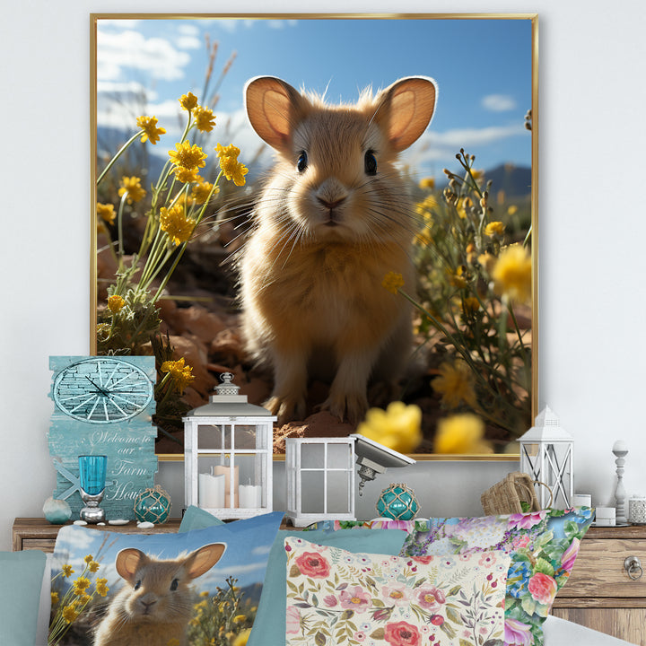 Curious Rabbit In Sunny Yellow Flower Field - Rabbit Canvas Wall Art