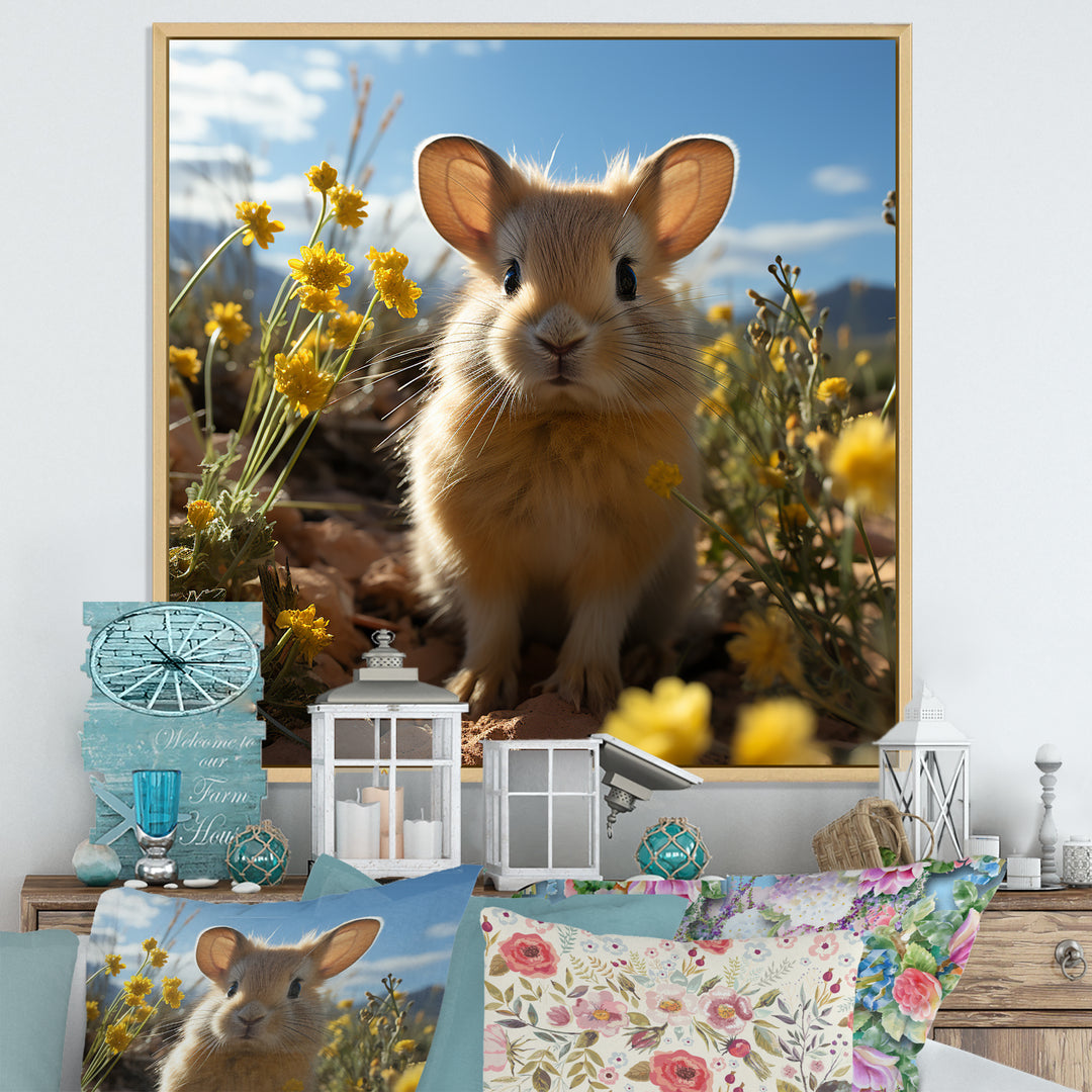 Curious Rabbit In Sunny Yellow Flower Field - Rabbit Canvas Wall Art