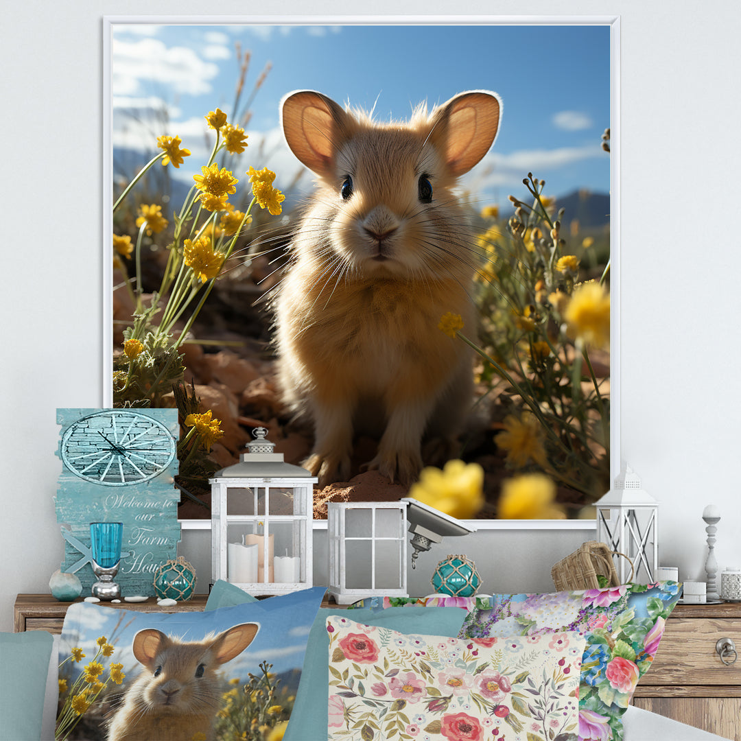 Curious Rabbit In Sunny Yellow Flower Field - Rabbit Canvas Wall Art
