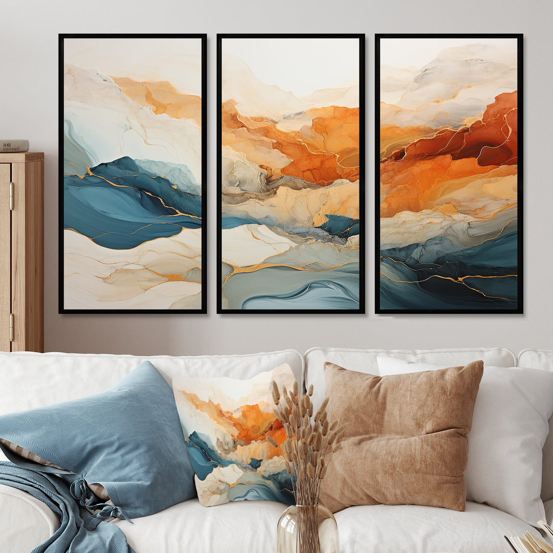 Abstract Orange And Blue River Ink - Canvas Multipanels Set of 3