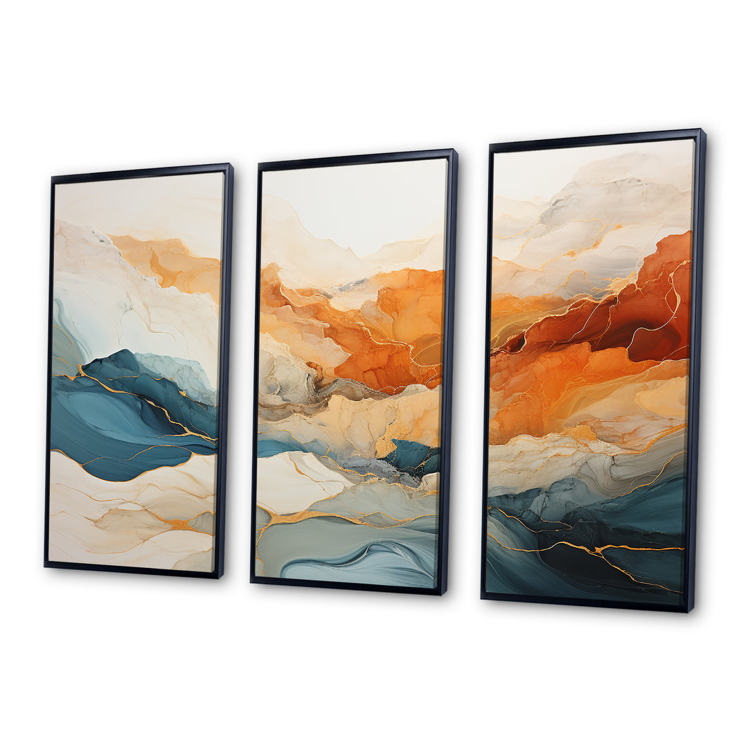 Abstract Orange And Blue River Ink - Canvas Multipanels Set of 3