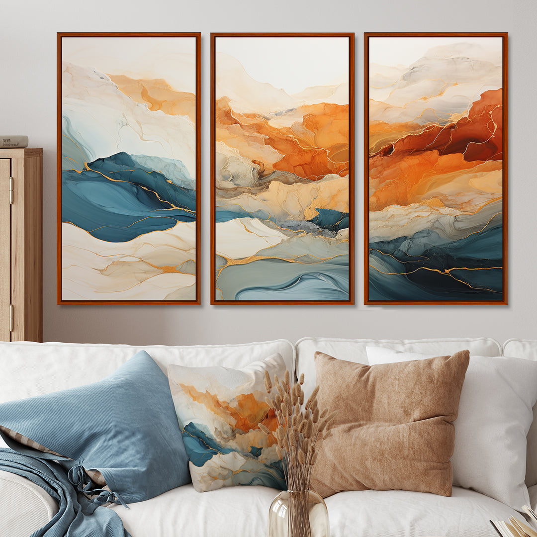 Abstract Orange And Blue River Ink - Canvas Multipanels Set of 3