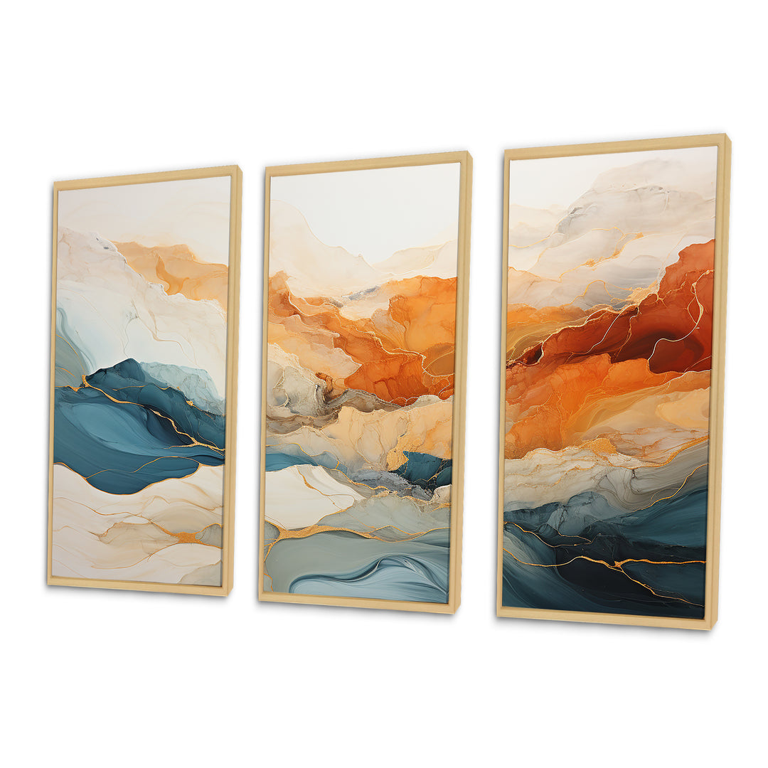 Abstract Orange And Blue River Ink - Canvas Multipanels Set of 3