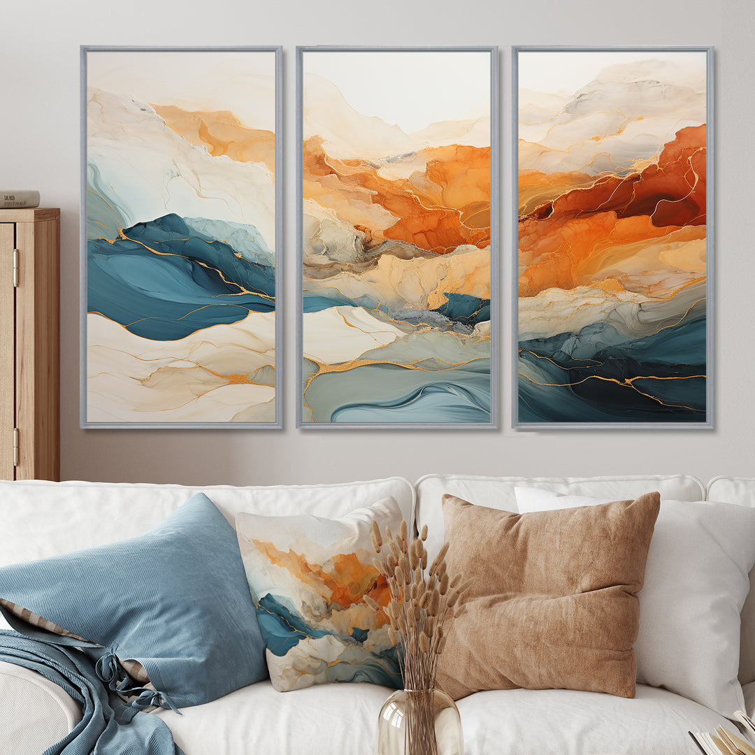Abstract Orange And Blue River Ink - Canvas Multipanels Set of 3