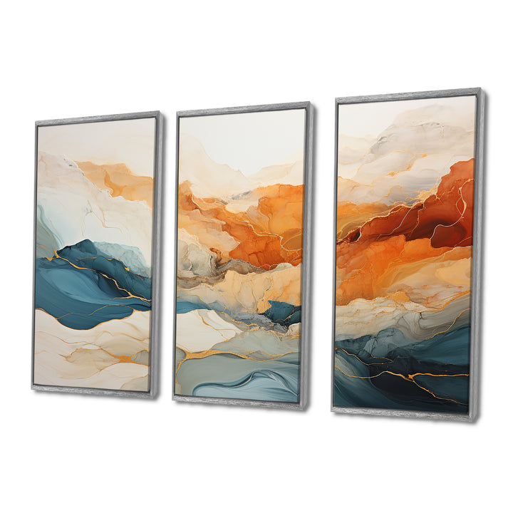 Abstract Orange And Blue River Ink - Canvas Multipanels Set of 3