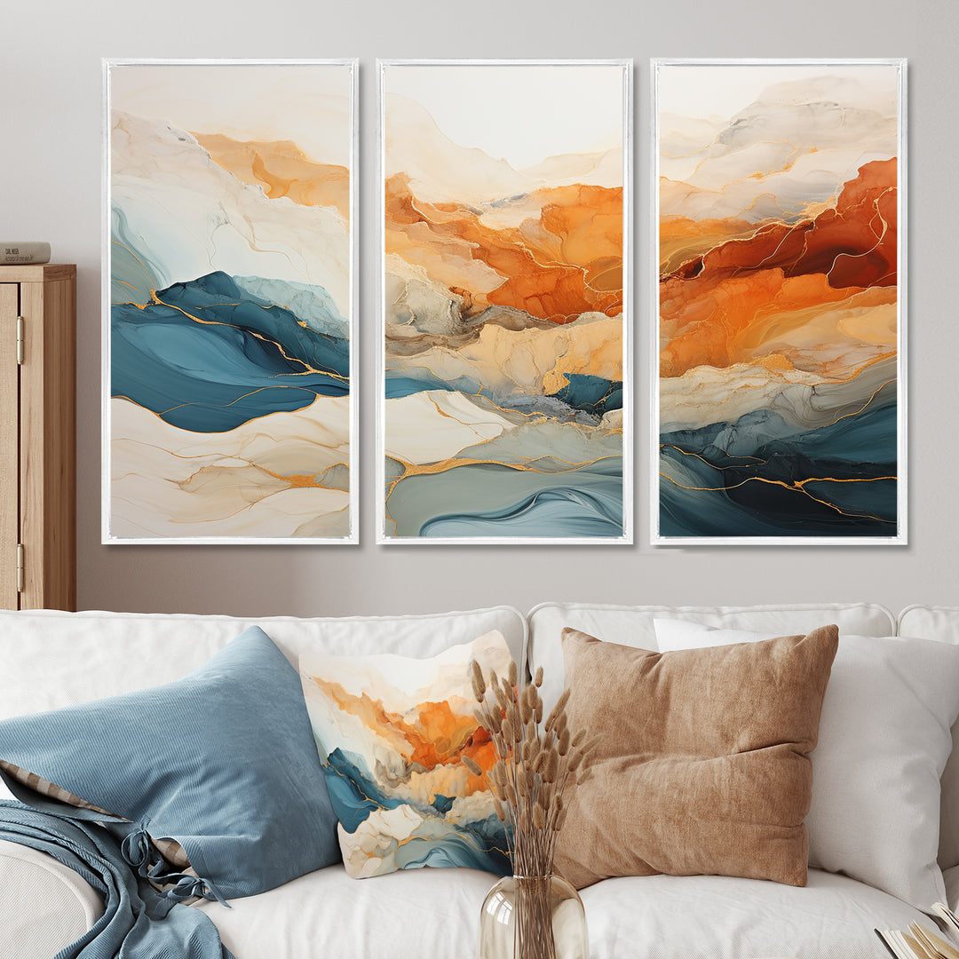 Abstract Orange And Blue River Ink - Canvas Multipanels Set of 3