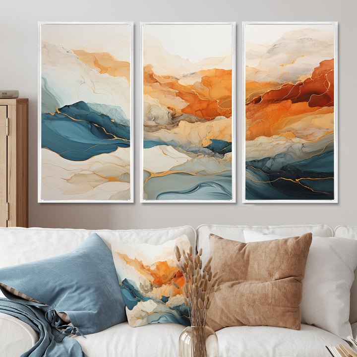 Abstract Orange And Blue River Ink - Canvas Multipanels Set of 3
