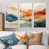 Abstract Orange And Blue River Ink - Canvas Multipanels Set of 3