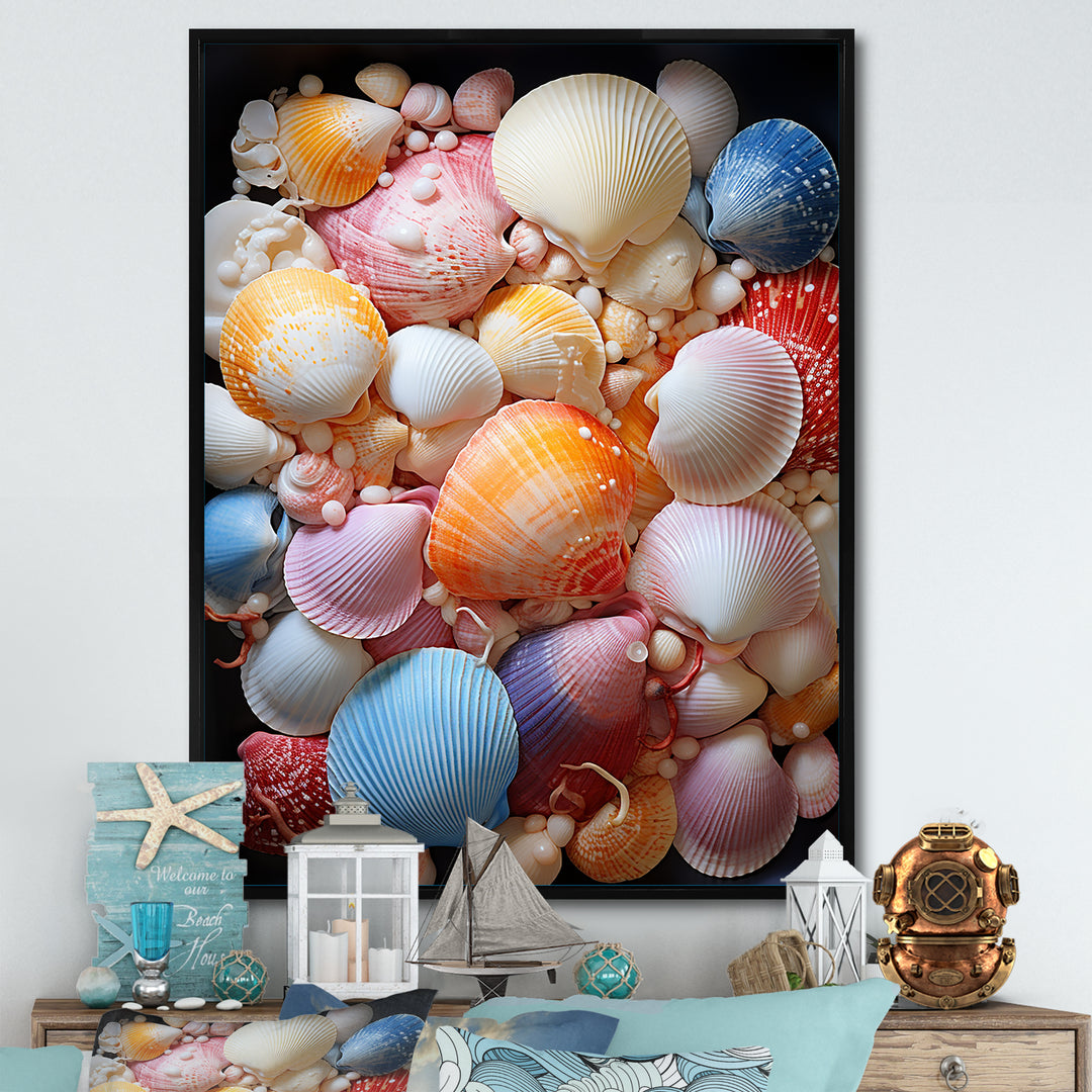 Seashells On Dreamy Tide - Seashell Framed Canvas Art
