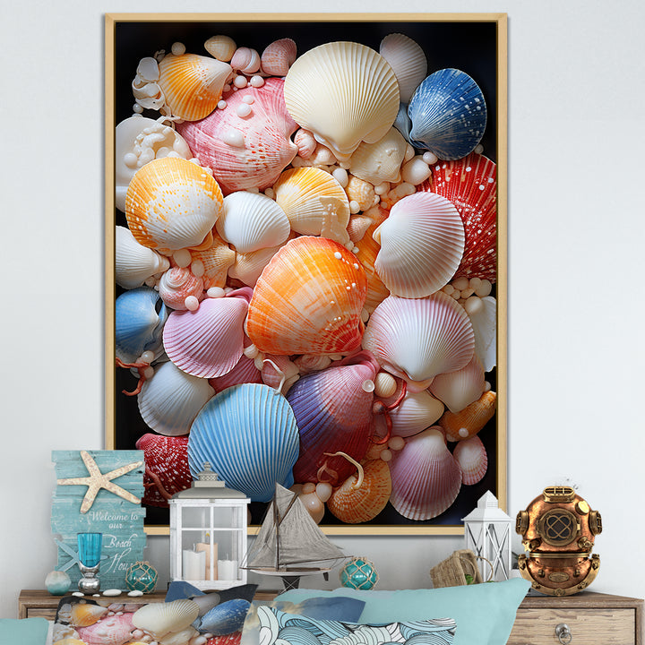 Seashells On Dreamy Tide - Seashell Framed Canvas Art