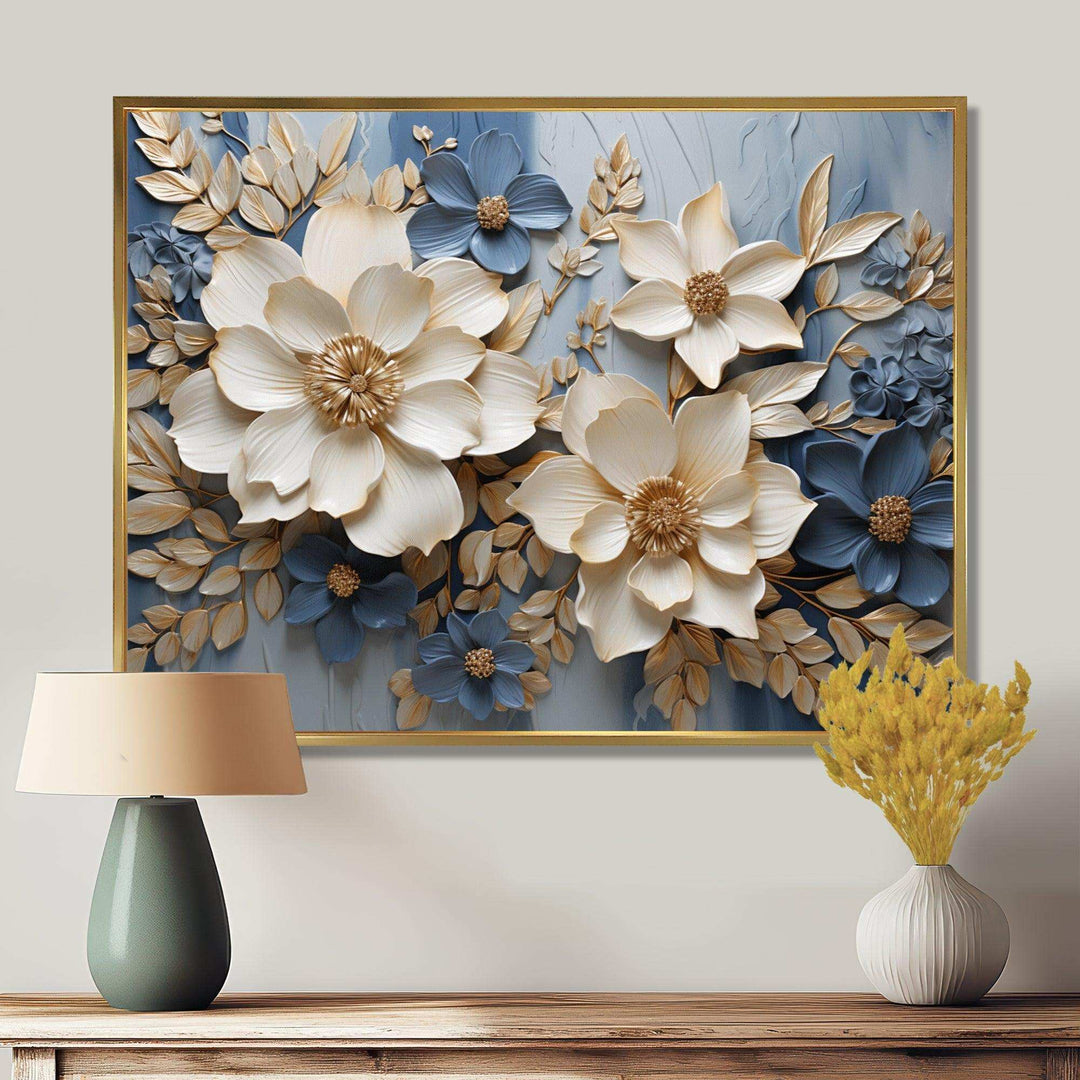 Beige And Blue Seasonal Flowers Composition - Floral Canvas Wall Art