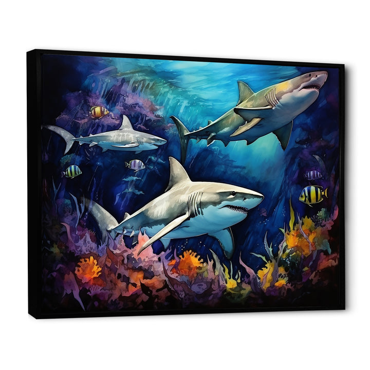 Shark Haven Under Water Painting - Shark Large Canvas Wall Art