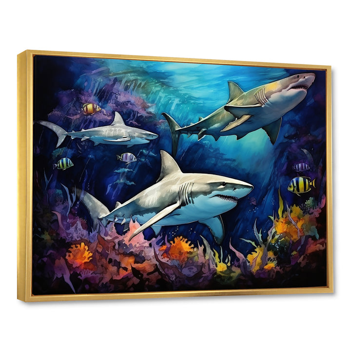 Shark Haven Under Water Painting - Shark Large Canvas Wall Art