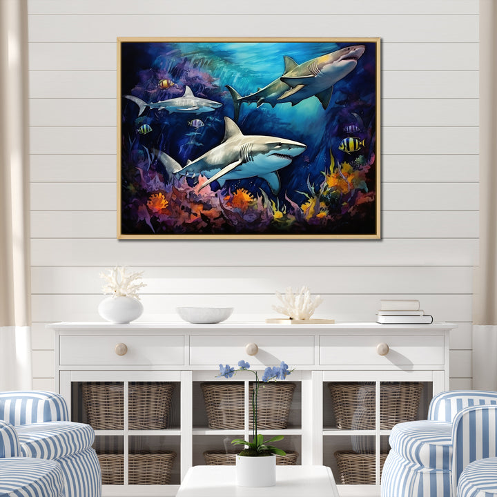 Shark Haven Under Water Painting - Shark Large Canvas Wall Art