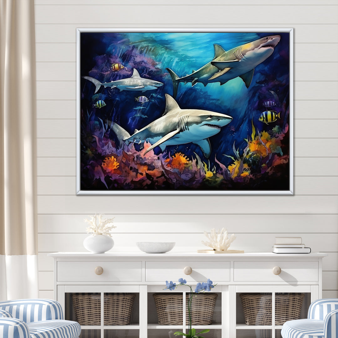 Shark Haven Under Water Painting - Shark Large Canvas Wall Art