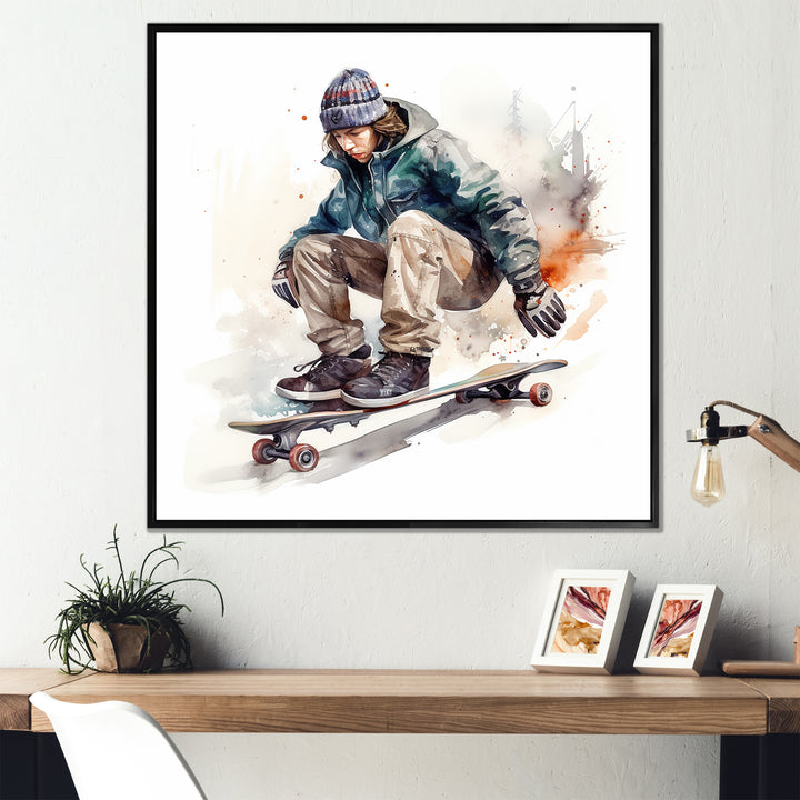 Skateboarder Charm In Winter - Skateboard Canvas Wall Art