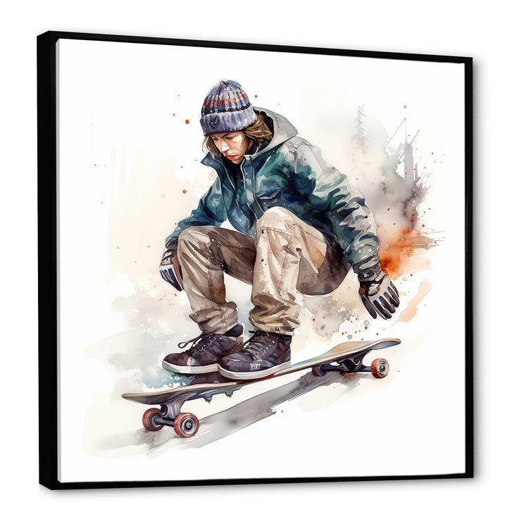Skateboarder Charm In Winter - Skateboard Canvas Wall Art