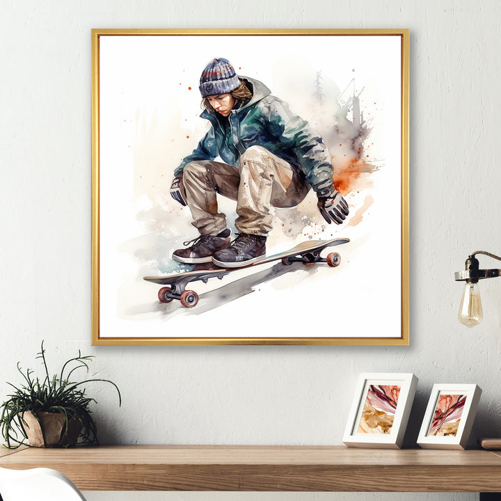 Skateboarder Charm In Winter - Skateboard Canvas Wall Art