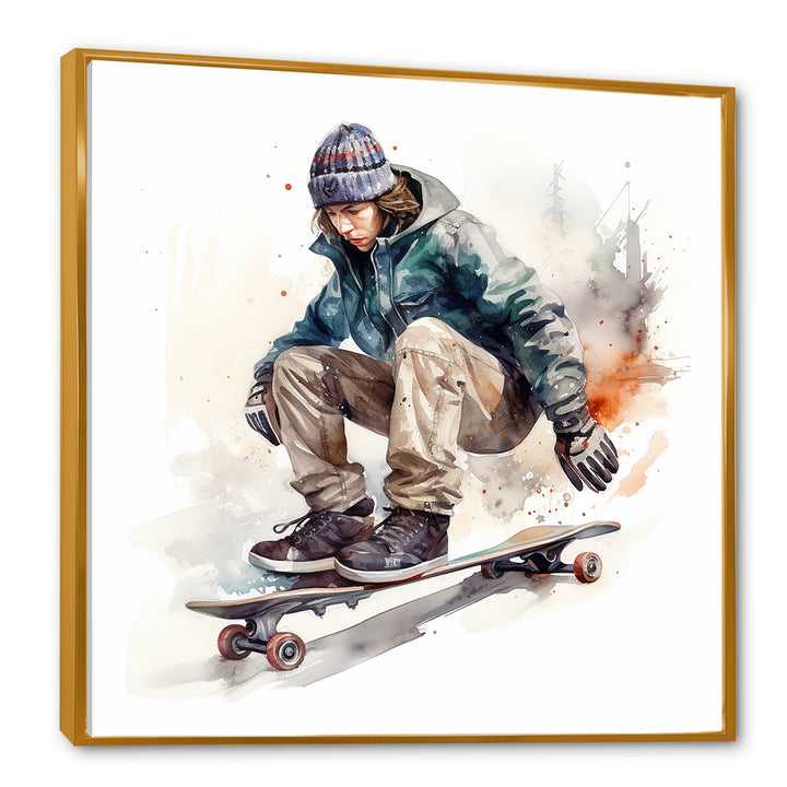 Skateboarder Charm In Winter - Skateboard Canvas Wall Art