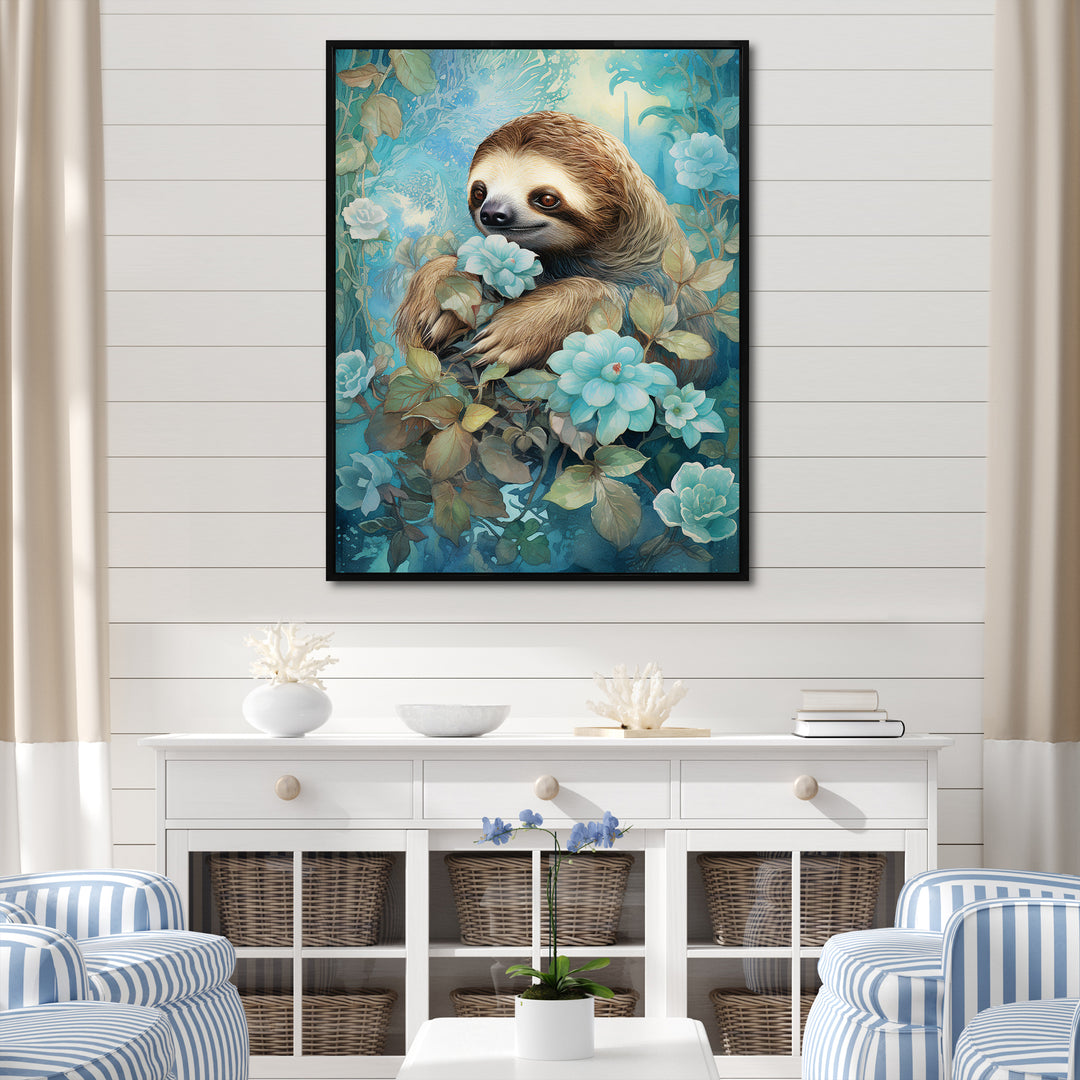 Turquoise Tranquility Flower Sloth - Sloth Canvas Wall Art