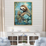 Turquoise Tranquility Flower Sloth - Sloth Canvas Wall Art