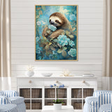 Turquoise Tranquility Flower Sloth - Sloth Canvas Wall Art