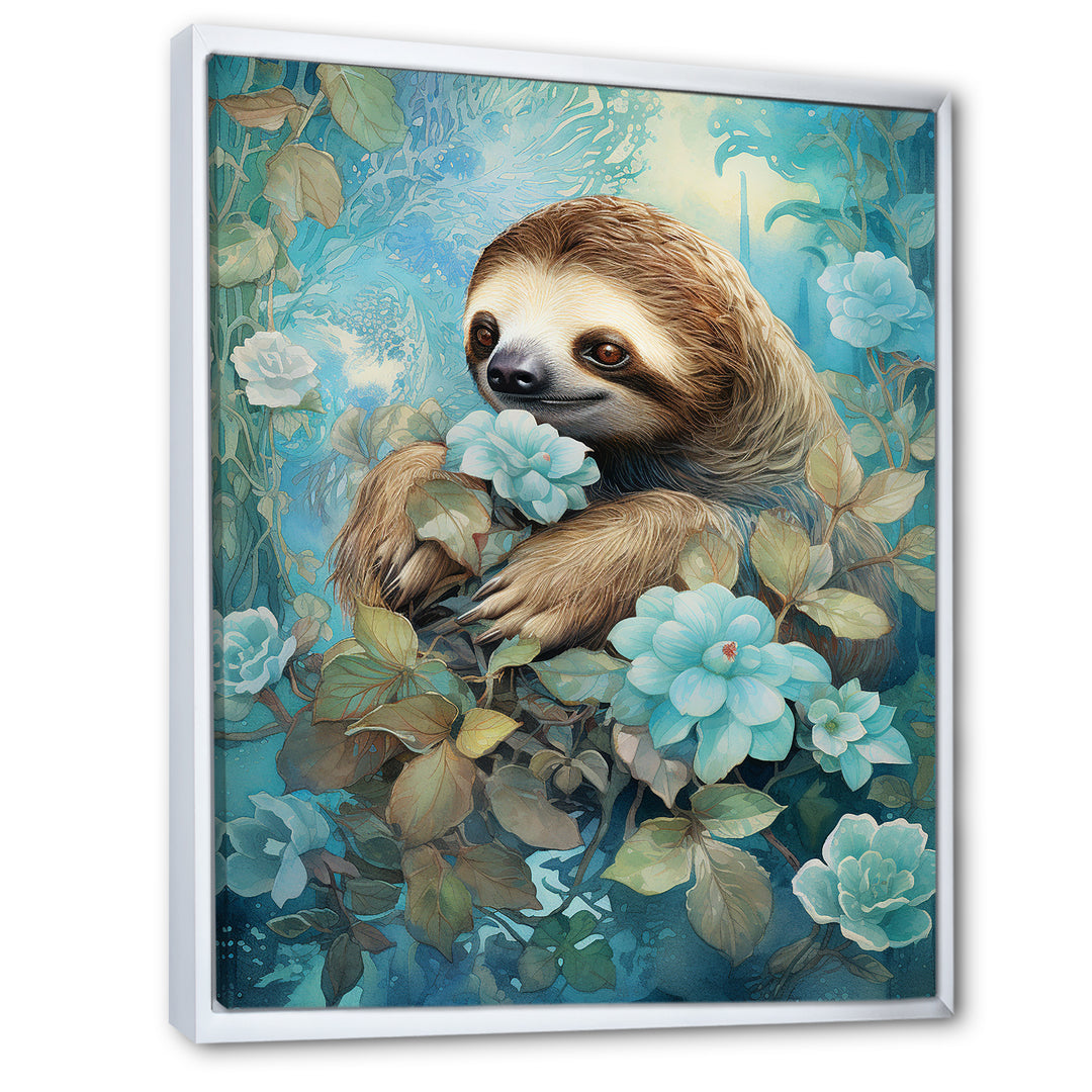 Turquoise Tranquility Flower Sloth - Sloth Canvas Wall Art