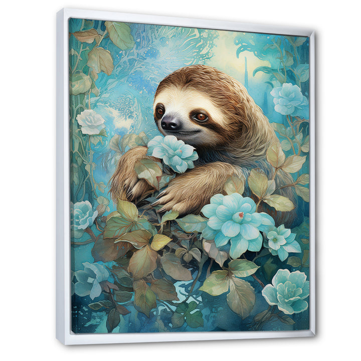 Turquoise Tranquility Flower Sloth - Sloth Canvas Wall Art