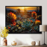 Succulent Desert Cactus Field Burning Sunset - Floral Canvas Wall Art