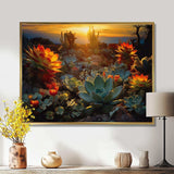 Succulent Desert Cactus Field Burning Sunset - Floral Canvas Wall Art