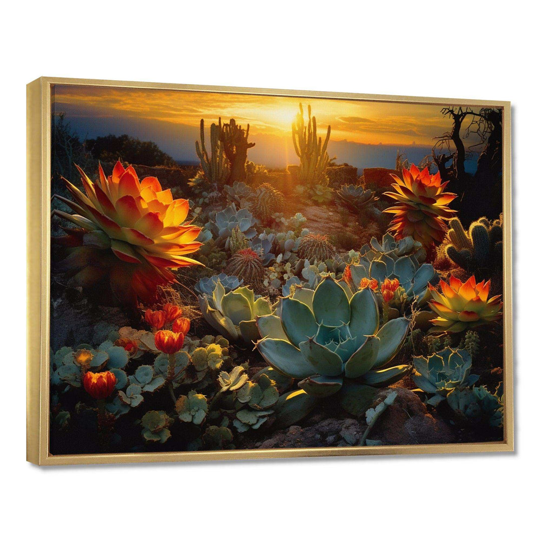 Succulent Desert Cactus Field Burning Sunset - Floral Canvas Wall Art