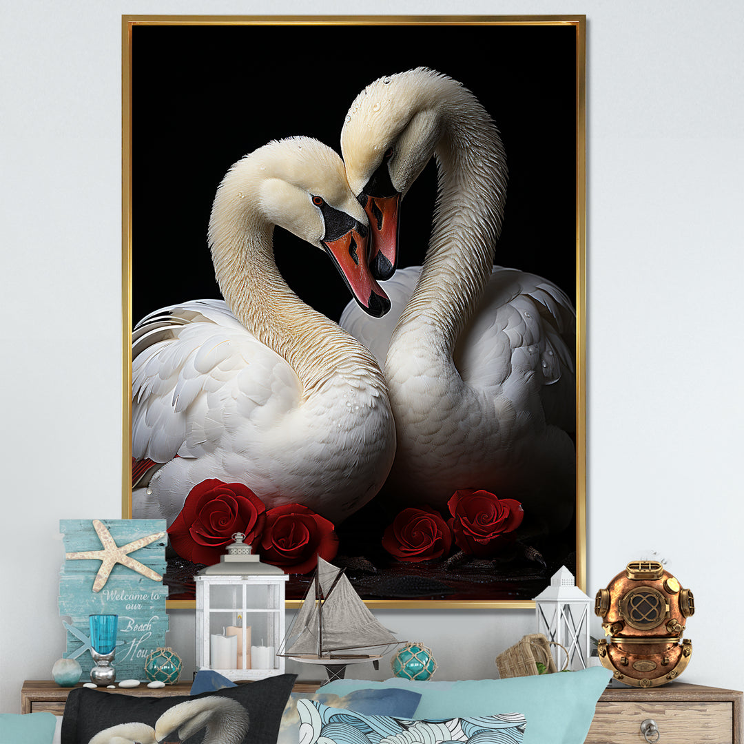 Swans Romantic Portrait - Swans Framed Canvas Art
