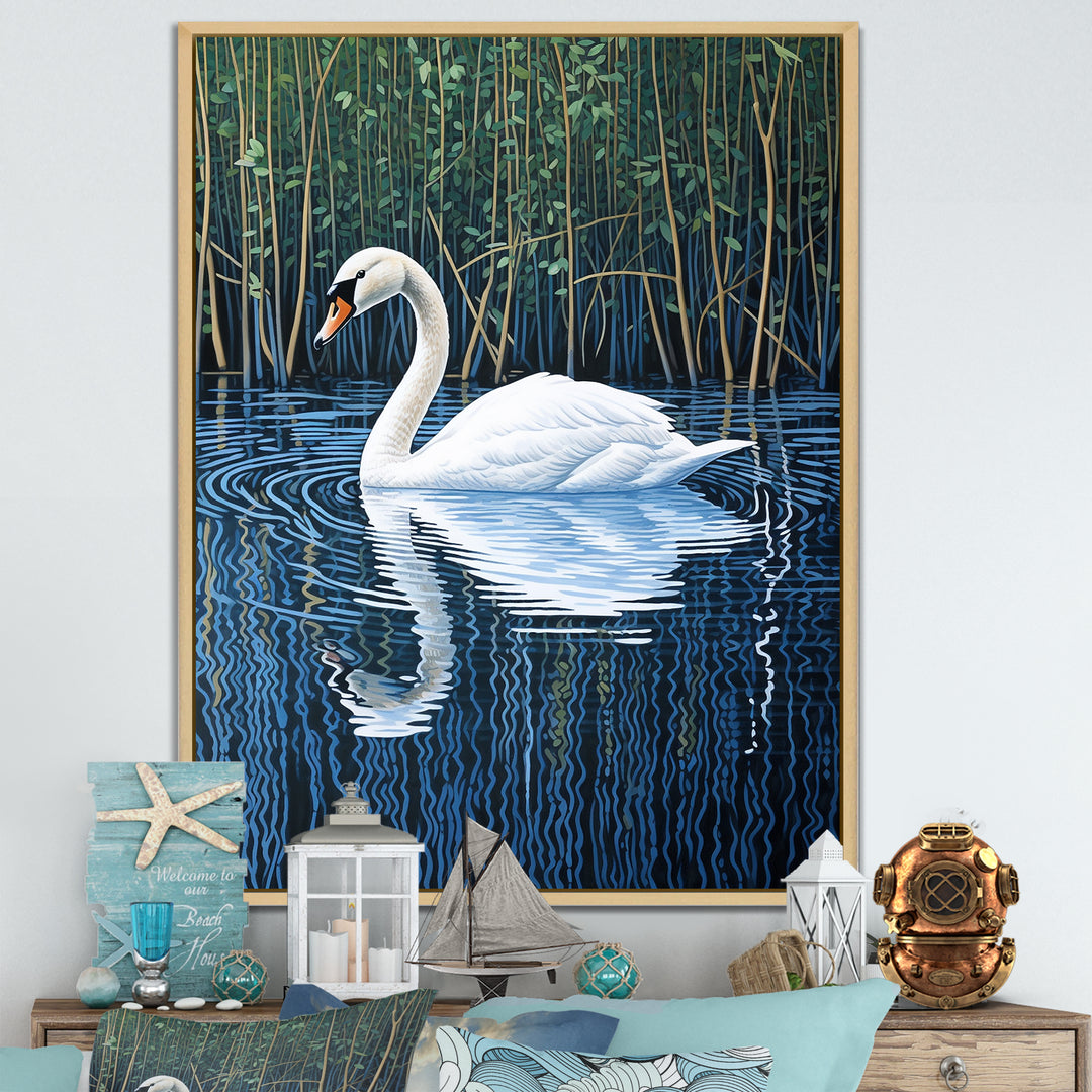Swans Reflection By The River - Swans Canvas Wall Art