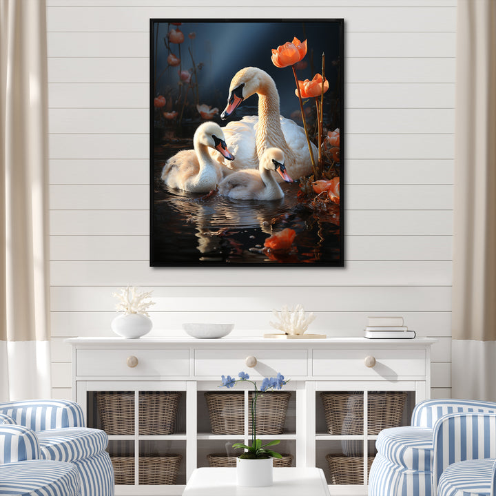 Peaceful Swans Family - Swans Large Canvas Wall Art